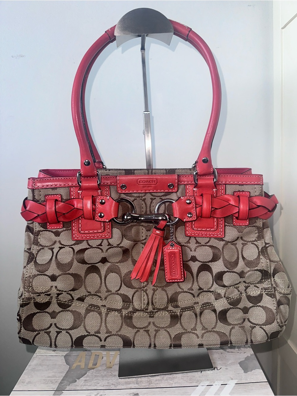 Coach Hampton Signature Canvas Satchel with Coral-Red Leather Trim!